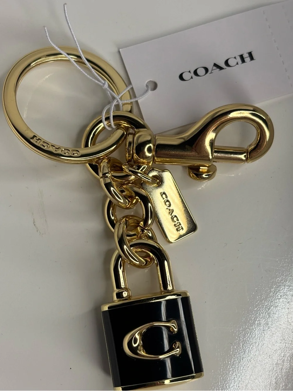 Coach Gold Tone & Black Leather Padlock C Bag Charm/Keychain – NWT